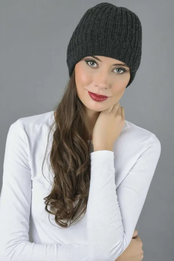 Reine Kaschmir Beanie Mütze Fischer Gerippt in anthrazitgrau