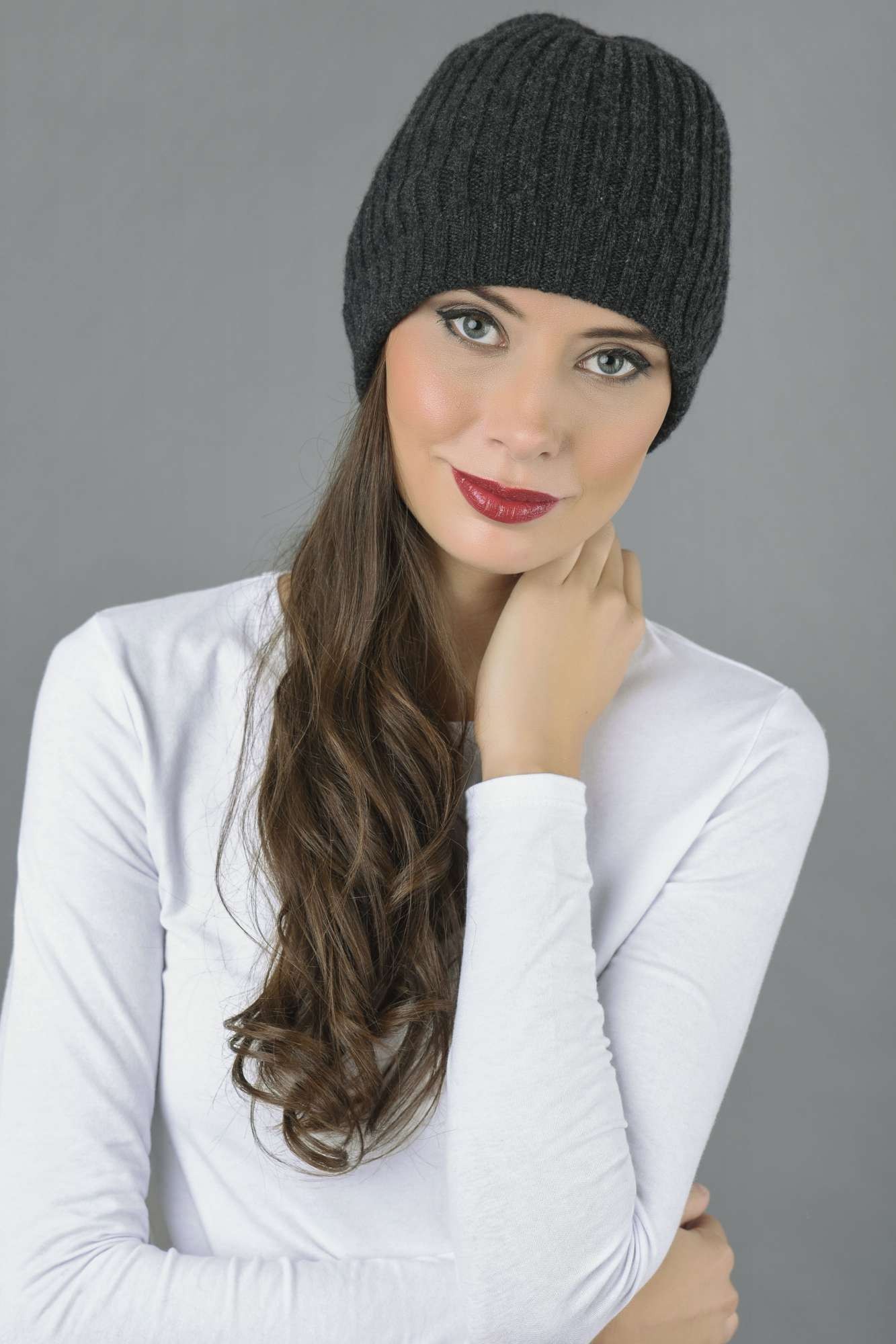 Women’s Pure Cashmere Pom-Pom Hat - Made in Italy - Mélange Grey (20-0073)