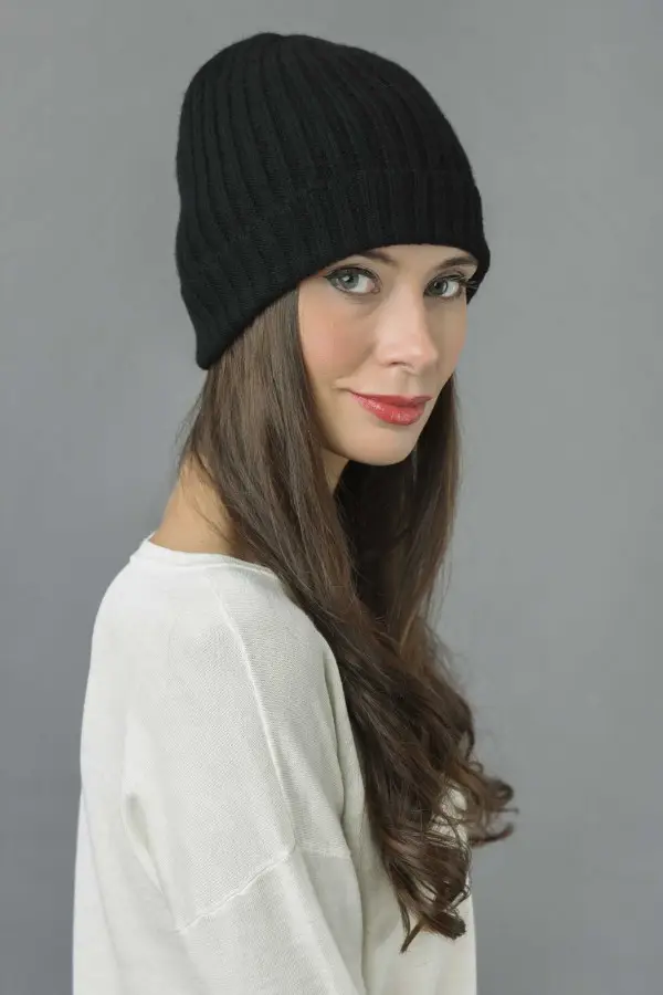 Reine Kaschmir Beanie Mütze Fischer Gerippt in schwarz