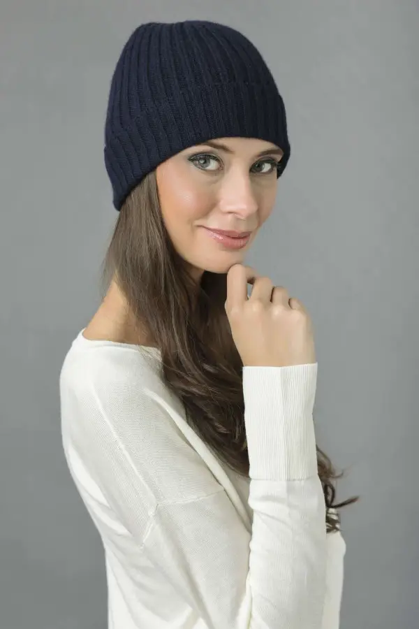 Reine Kaschmir Beanie Mütze Fischer Gerippt in navy blau