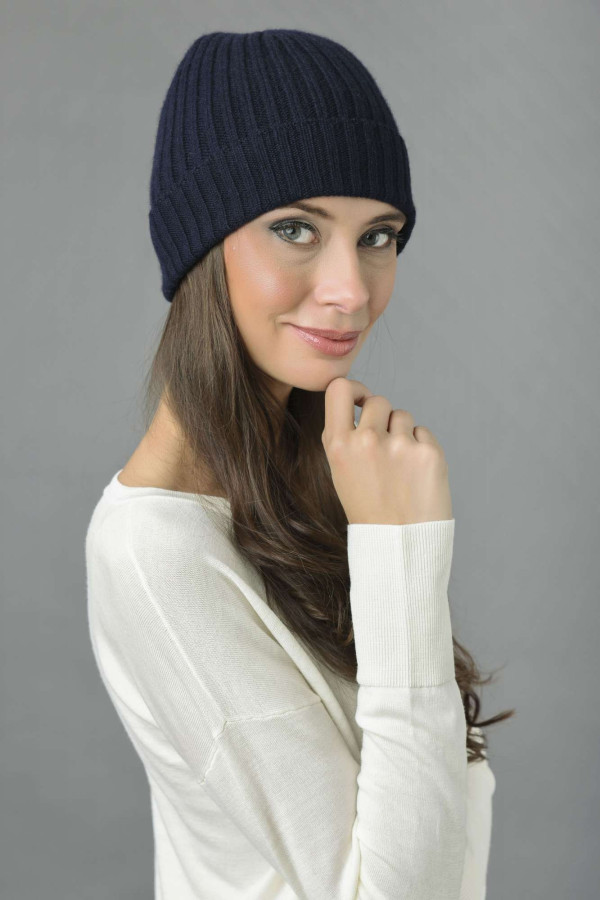 Pure Cashmere Fisherman Ribbed Beanie Hat in Navy Blue