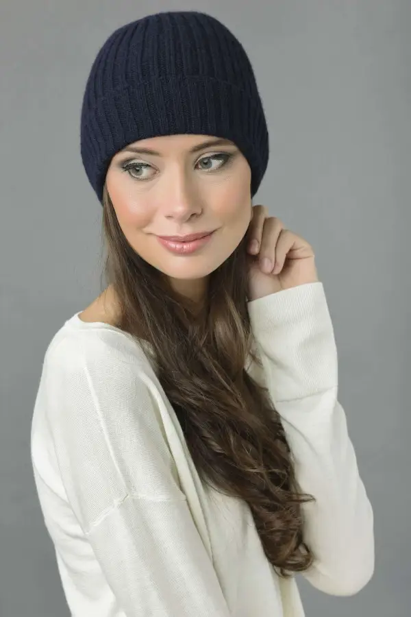 Pure Cashmere Fisherman Ribbed Beanie Hat in Navy Blue