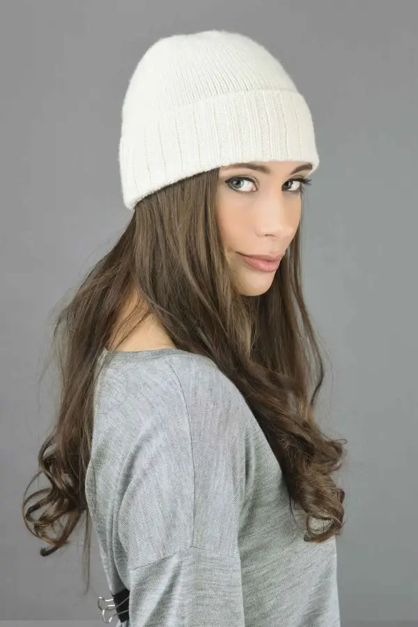 Women's Pure Cashmere Basket Weave Cap - Made in Italy - Light Beige
