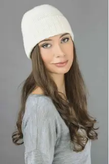 Reine Kaschmir Glatt und Gerippt Gestrickte Beanie Mütze in Cremeweiß