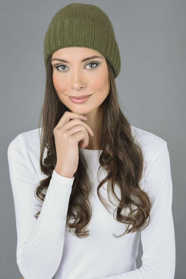 Pure Cashmere Plain and Ribbed Knitted Beanie Hat in Loden Green