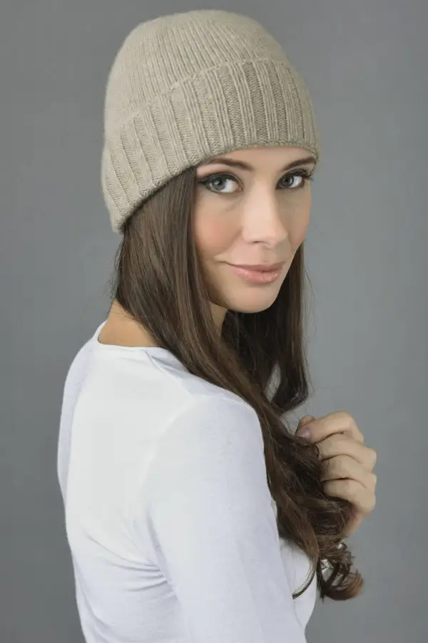 Pure Cashmere Plain and Ribbed Knitted Beanie Hat in Camel Brown