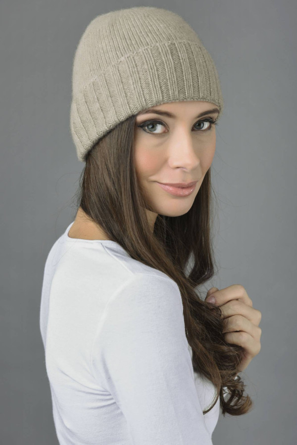 Cappello maglia rasata con risvolto a coste Cammello in puro cashmere