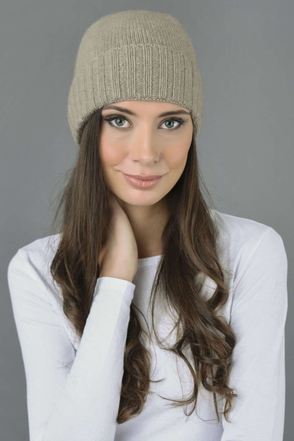 Pure Cashmere Plain and Ribbed Knitted Beanie Hat in Camel Brown