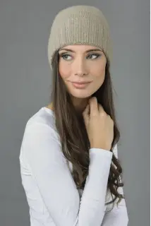 Reine Kaschmir Beanie Mütze Kabel und Rippenstrick in kamelbraun