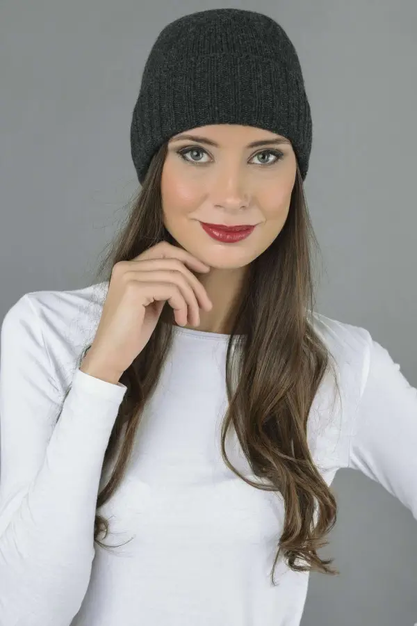 Reine Kaschmir Glatt und Gerippt Gestrickte Beanie Mütze in Anthrazitgrau