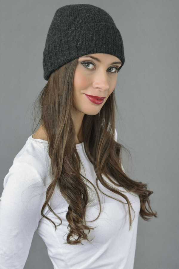 Reine Kaschmir Glatt und Gerippt Gestrickte Beanie Mütze in Anthrazitgrau