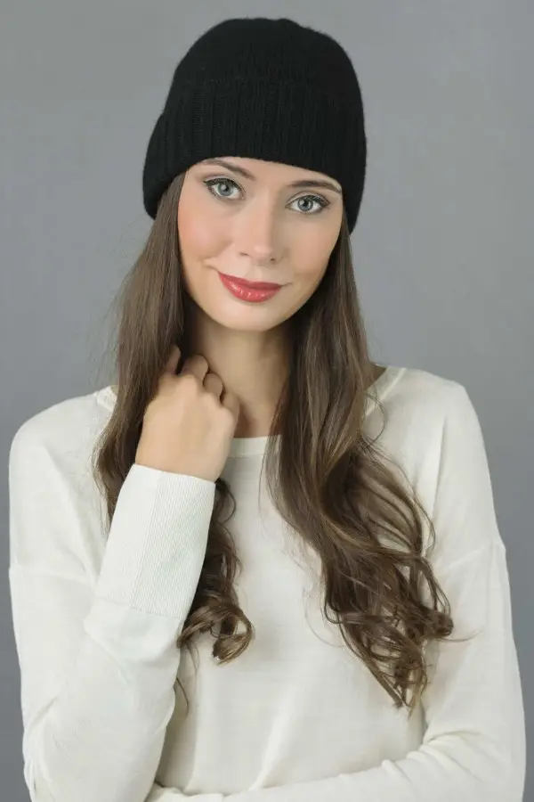 Reine Kaschmir Glatt und Gerippt Gestrickte Beanie Mütze in Schwarz