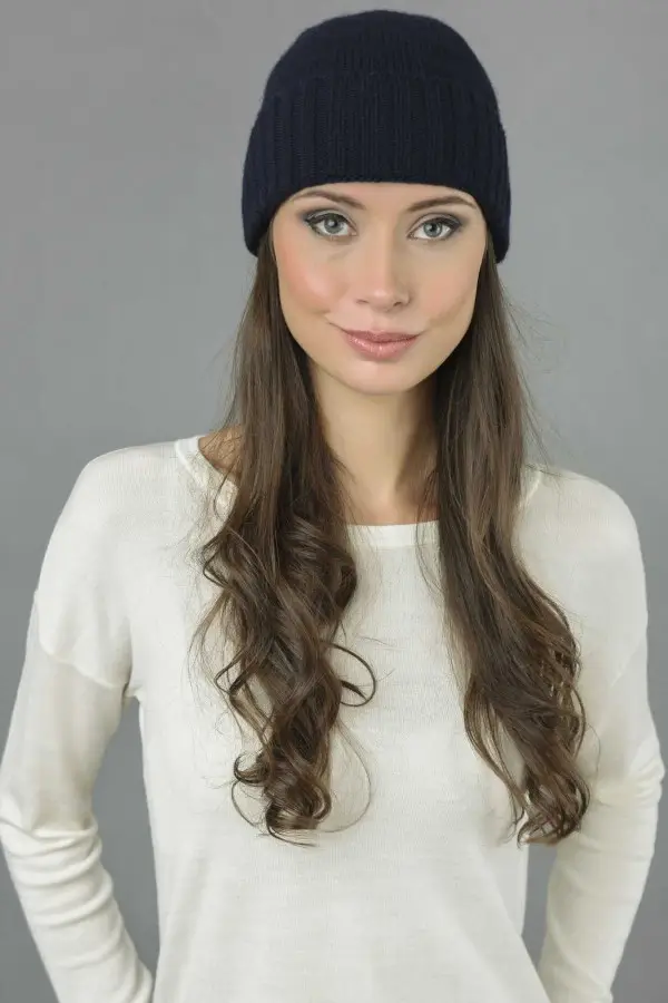 Reine Kaschmir Glatt und Gerippt Gestrickte Beanie Mütze in Navy Blau