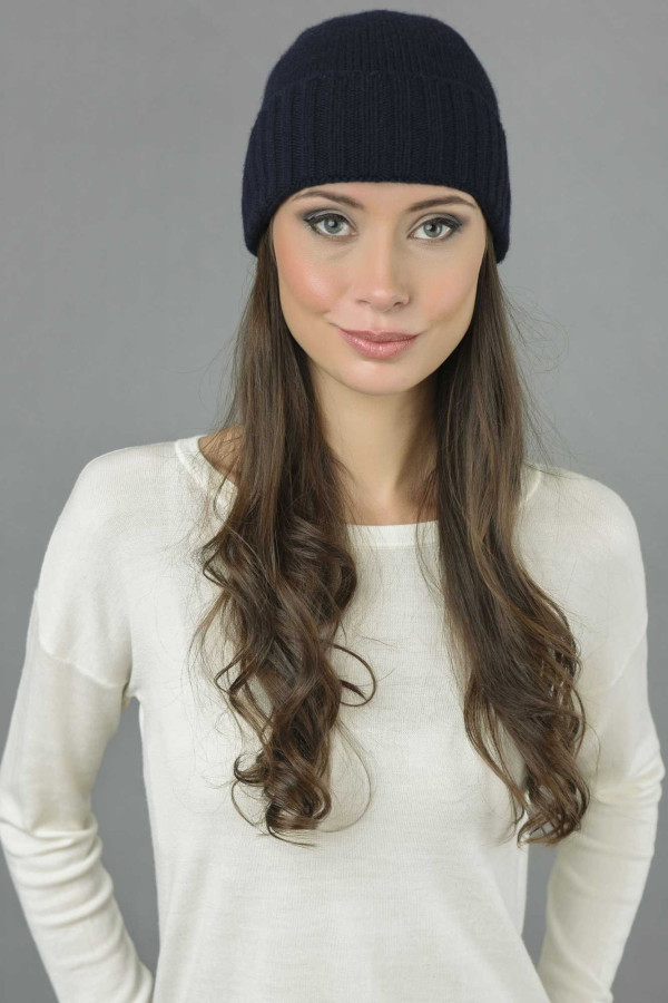 Pure Cashmere Plain and Ribbed Knitted Beanie Hat in Navy Blue
