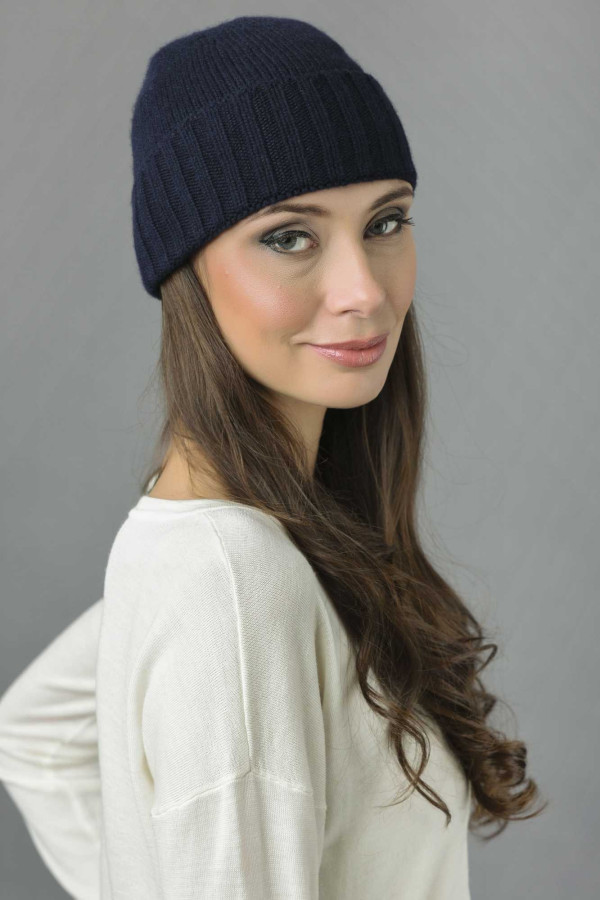 Pure Cashmere Plain and Ribbed Knitted Beanie Hat in Navy Blue