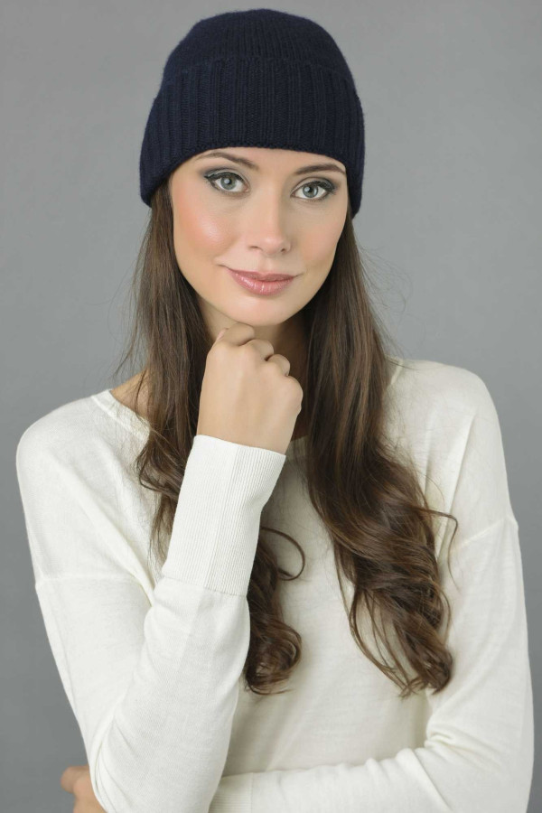 Pure Cashmere Plain and Ribbed Knitted Beanie Hat in Navy Blue