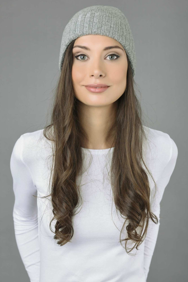 Pure Cashmere Plain and Ribbed Knitted Beanie Hat in Light Grey