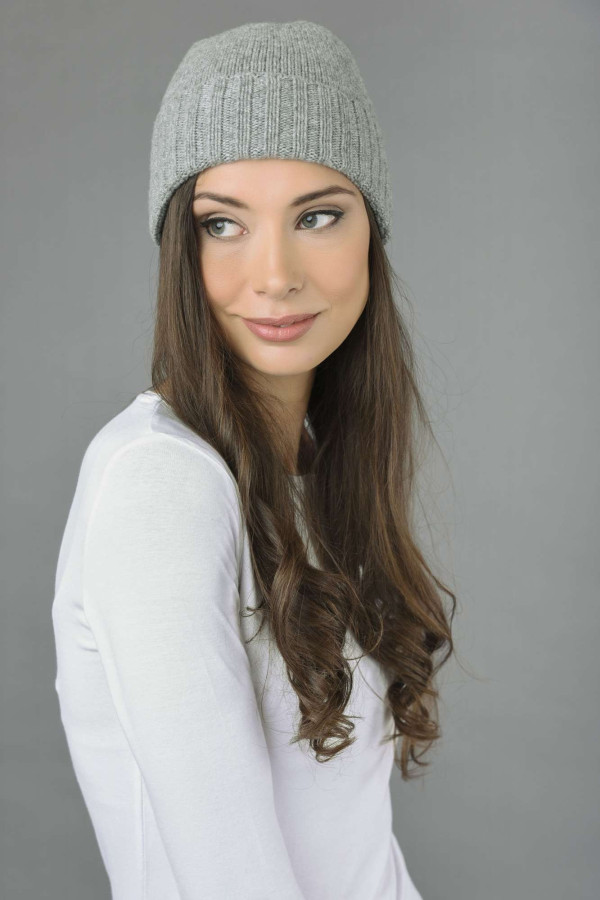 Pure Cashmere Plain and Ribbed Knitted Beanie Hat in Light Grey