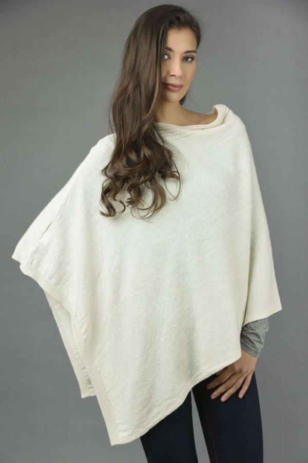 Pure Cashmere Knitted Asymmetric Poncho Wrap in Cream White