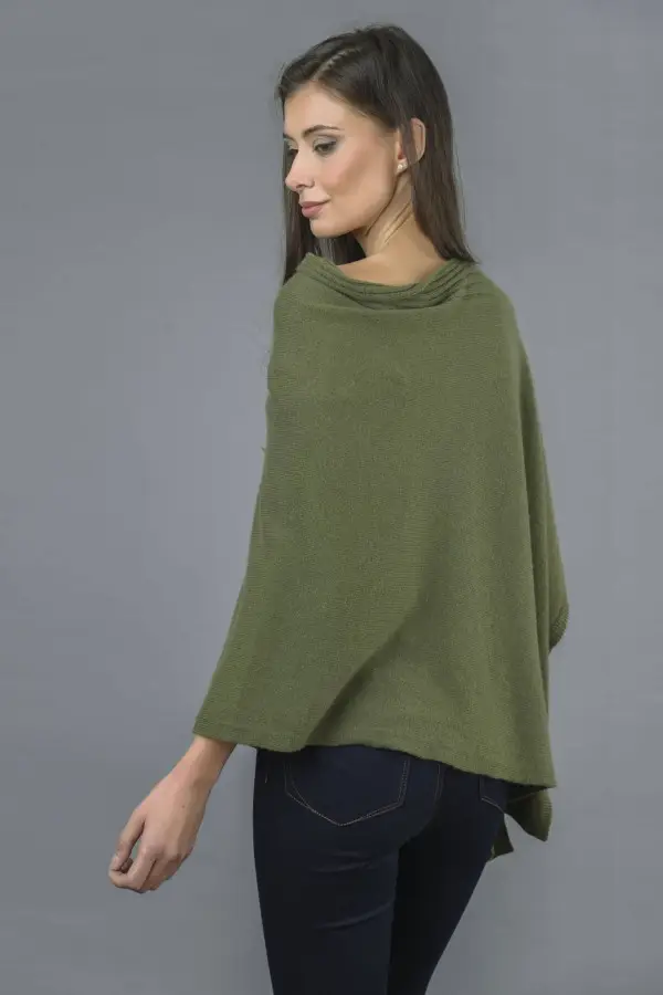 Pure Cashmere Knitted Asymmetric Poncho Wrap in Loden Green
