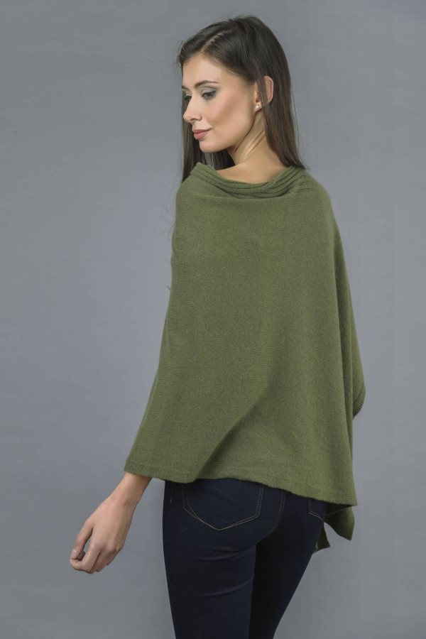 Pure Cashmere Knitted Asymmetric Poncho Wrap in Loden Green