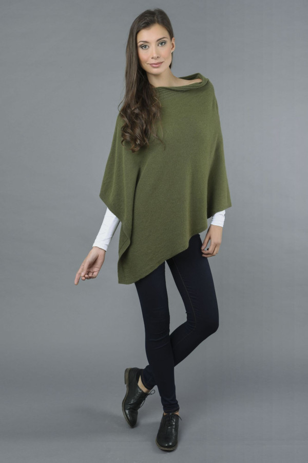 Pure Cashmere Knitted Asymmetric Poncho Wrap in Loden Green