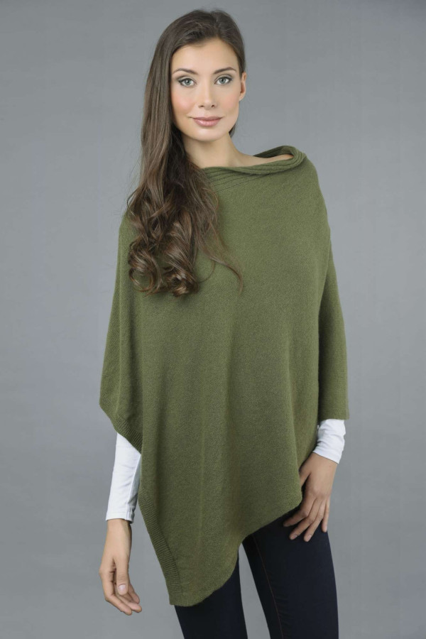 Pure Cashmere Knitted Asymmetric Poncho Wrap in Loden Green