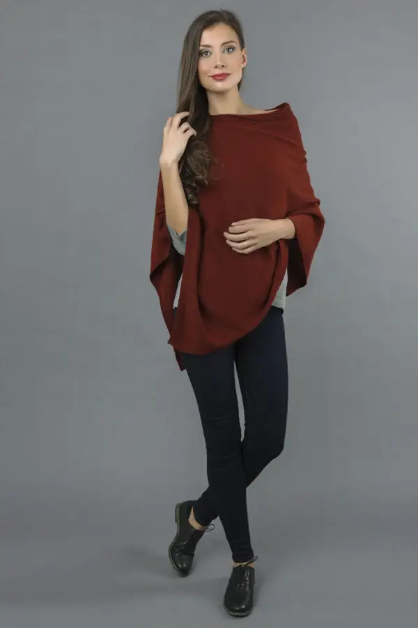 Pure Cashmere Knitted Asymmetric Poncho Wrap in Bordeaux