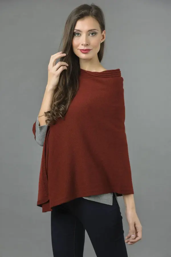 Pure Cashmere Knitted Asymmetric Poncho Wrap in Bordeaux