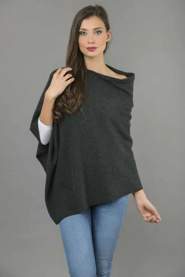 Reiner Kaschmir Gestrickter Asymmetrischer Poncho in anthrazitgrau