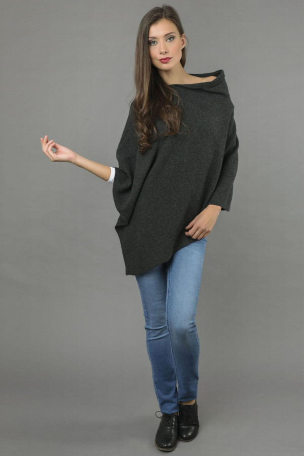 Pure Cashmere Knitted Asymmetric Poncho Wrap in Charcoal Grey