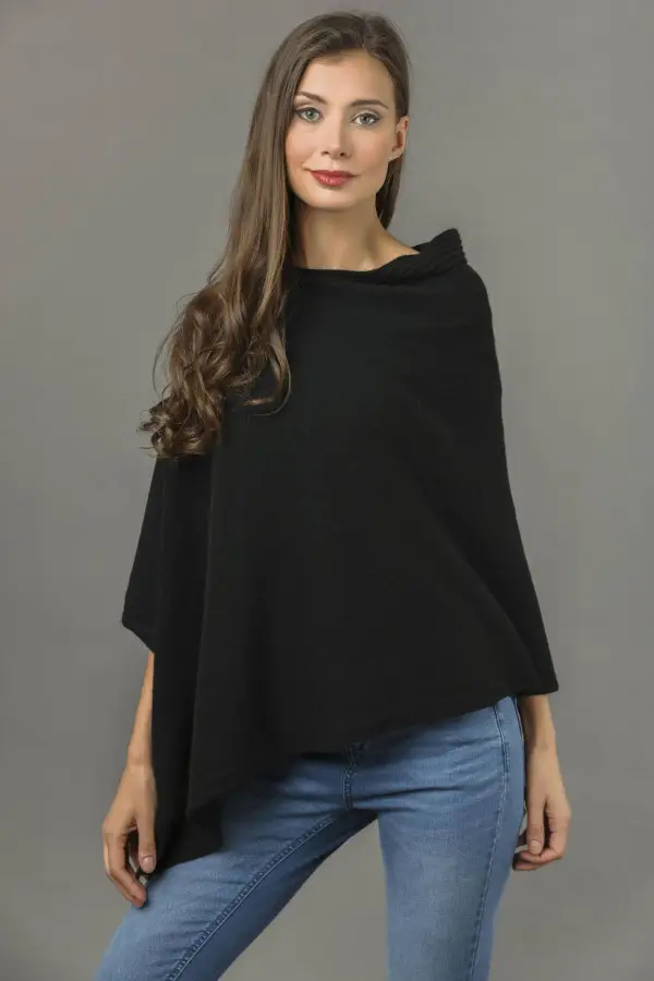 Pure Cashmere Knitted Asymmetric Poncho Wrap in Black