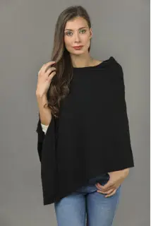 Pure Cashmere Knitted Asymmetric Poncho Wrap in Black