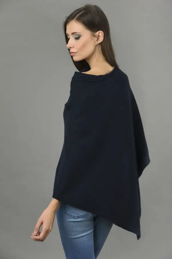 Pure Cashmere Knitted Asymmetric Poncho Wrap in Navy Blue