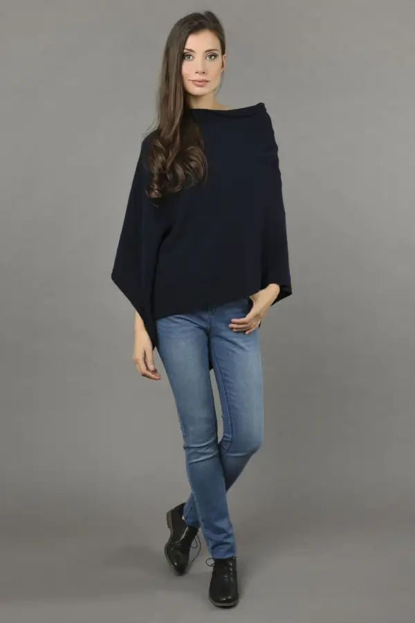 Pure Cashmere Knitted Asymmetric Poncho Wrap in Navy Blue