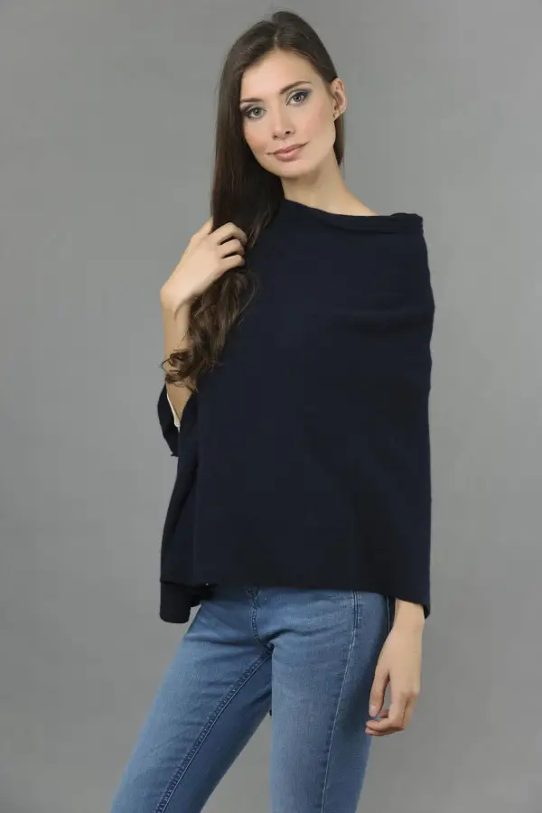 Pure Cashmere Knitted Asymmetric Poncho Wrap in Navy Blue
