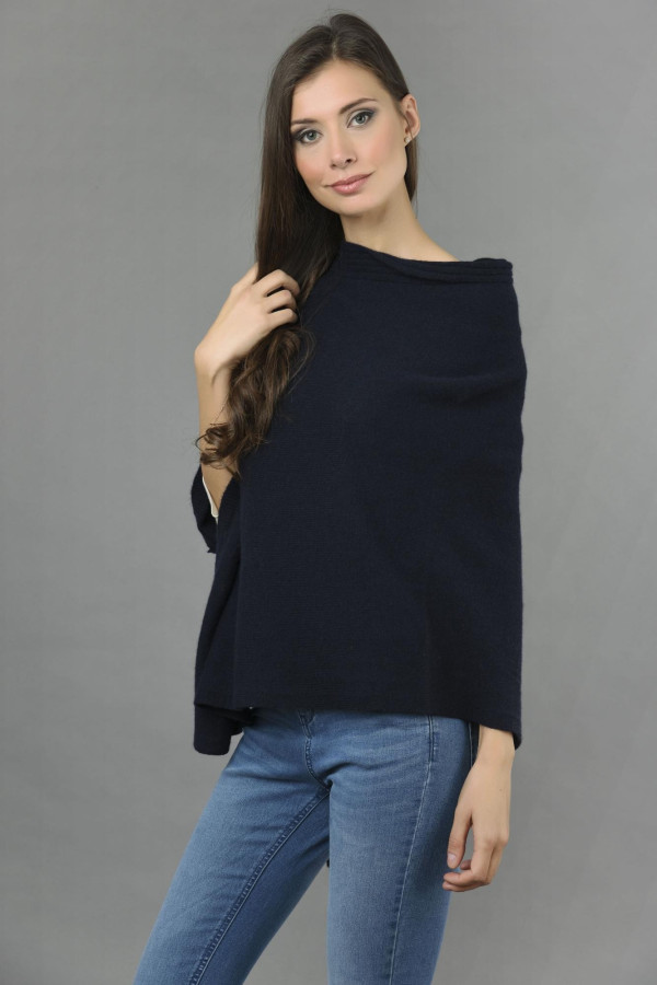 Reiner Kaschmir Gestrickter Asymmetrischer Poncho in navy blau