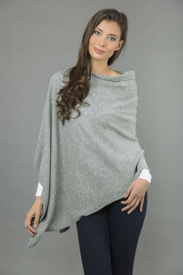Reiner Kaschmir Gestrickter Asymmetrischer Poncho in hellgrau