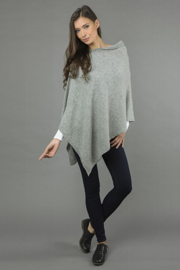 Reiner Kaschmir Gestrickter Asymmetrischer Poncho in hellgrau