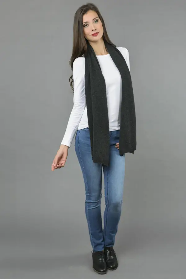 Pure Cashmere Scarf Plain Knitted Stole Wrap in Charcoal Grey