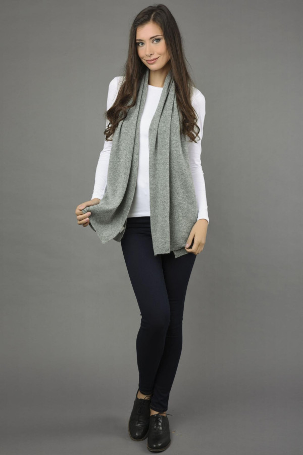 Pure Cashmere Scarf Plain Knitted Stole Wrap in Light Grey