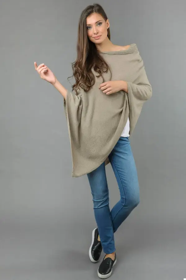 Pure Cashmere Knitted Asymmetric Poncho Wrap in Camel Brown