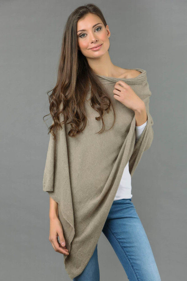 Pure Cashmere Knitted Asymmetric Poncho Wrap in Camel Brown