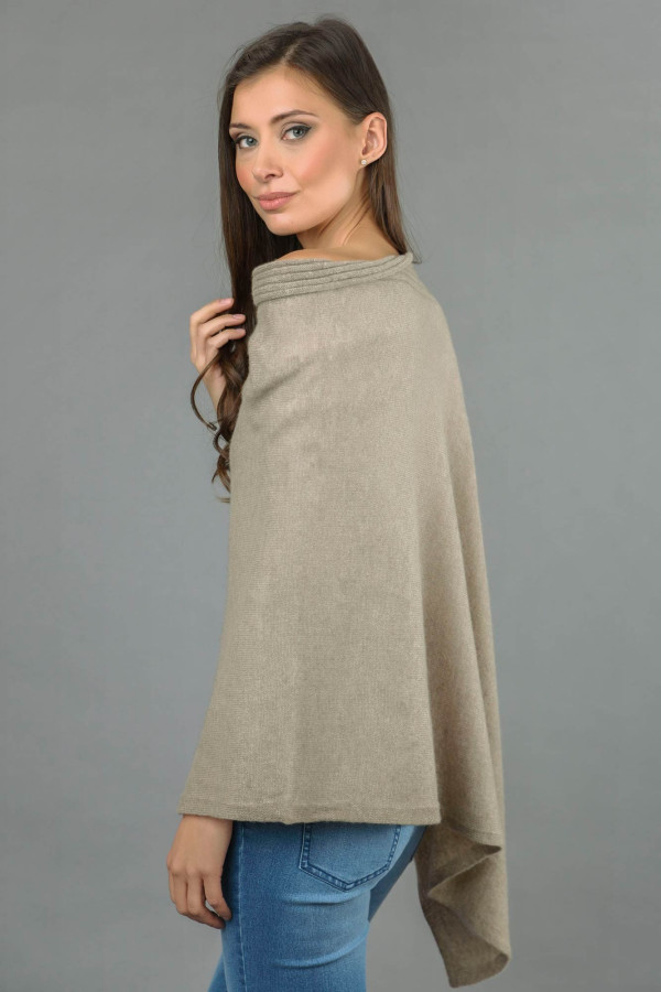 Pure Cashmere Knitted Asymmetric Poncho Wrap in Camel Brown