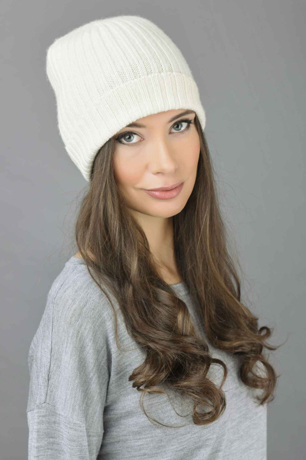 Reine Kaschmir Beanie Mütze Fischer Gerippt in cremeweiß