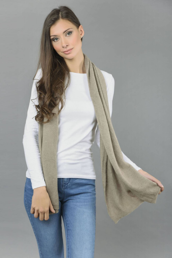 Pure Cashmere Scarf Plain Knitted Stole Wrap in Camel Brown