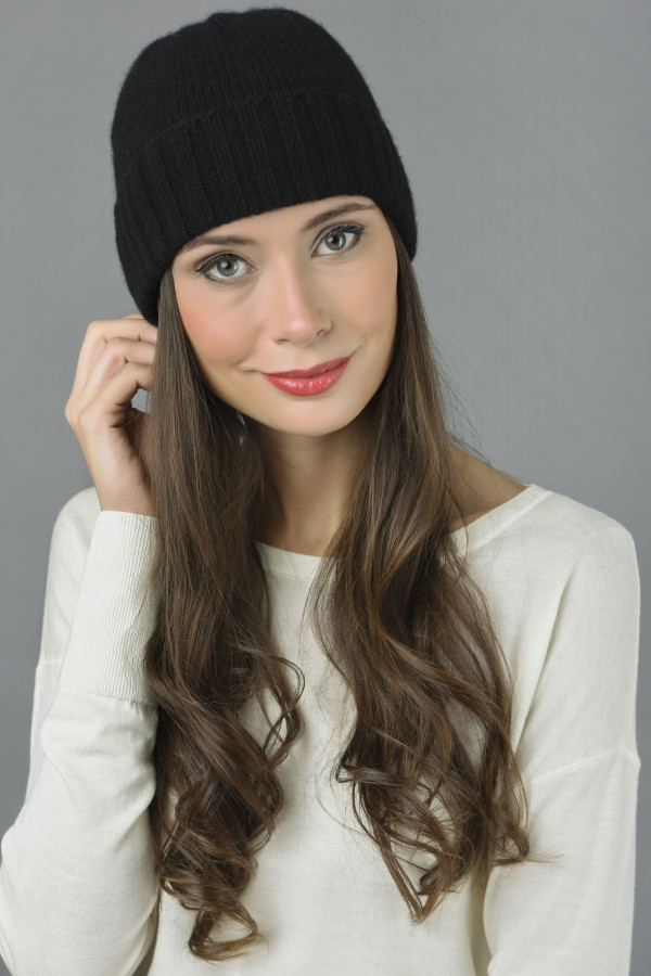 Reine Kaschmir Glatt und Gerippt Gestrickte Beanie Mütze in Schwarz