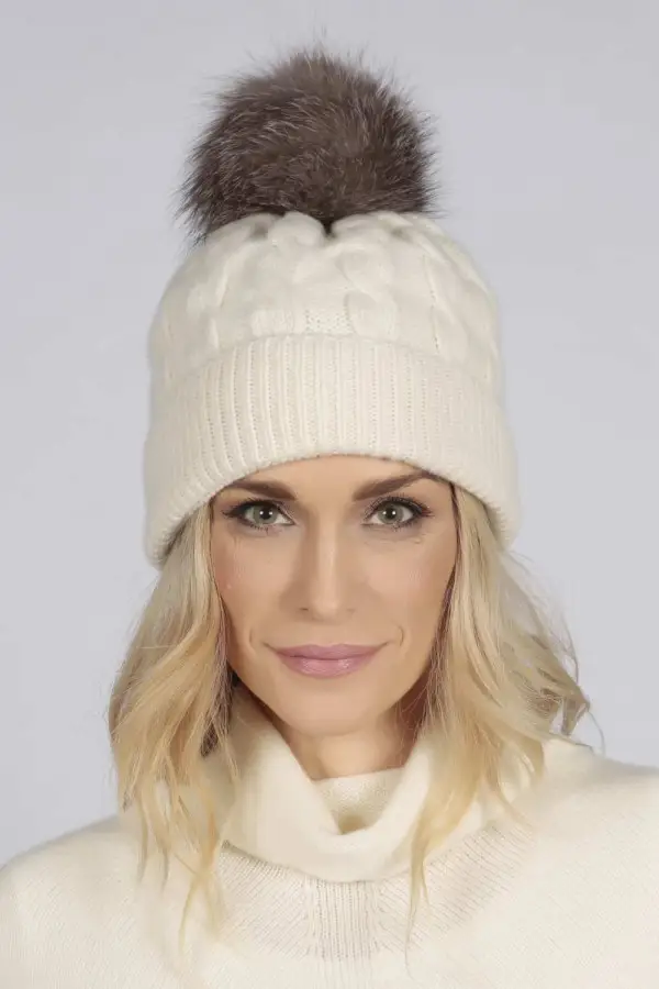 Cream White pure cashmere fur pom pom cable knit beanie hat
