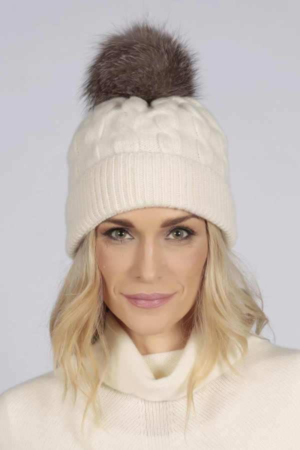 Reine Kaschmir Pelz Bommel Zopfstrick Beanie Mütze in cremeweiß