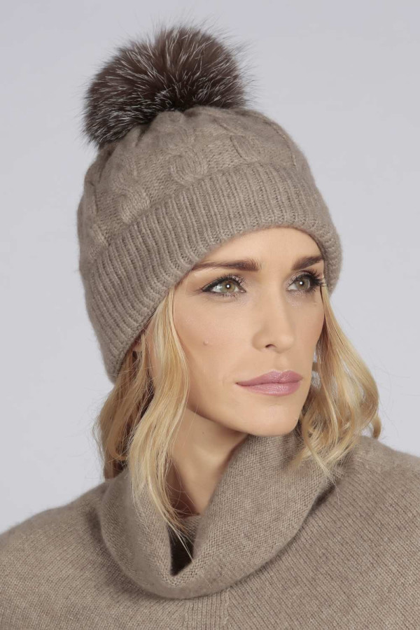 Camel Brown pure cashmere fur pom pom cable knit beanie hat